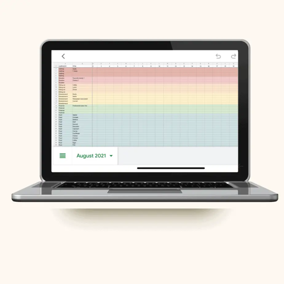 Personal expense tracker spreadsheet with columns and rows on google sheets computer mockup