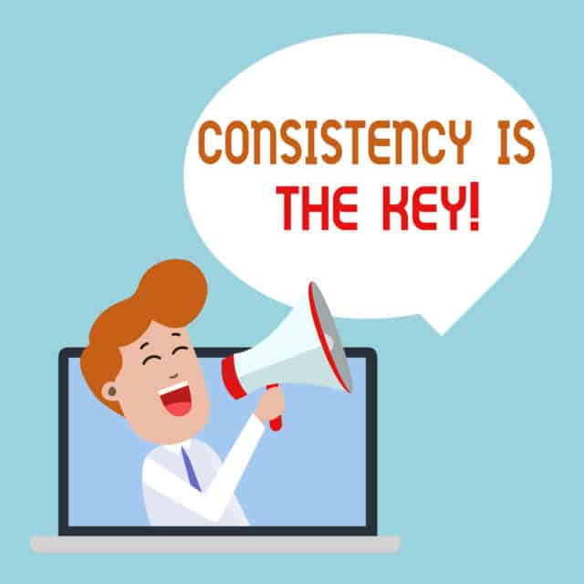Illustration of Man Speaking Through Laptop into Loudhailer Bubble Announce - Consistency is the key