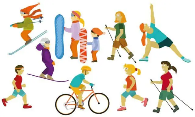 Illustrations of outdoor activities people with skis, bicycles, walking, running