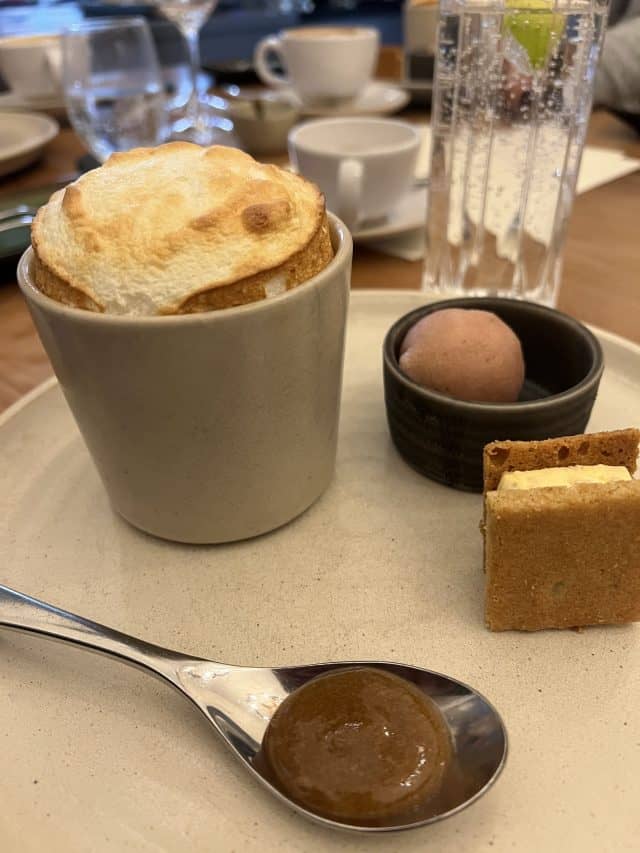souffle, rhubarb sorbet