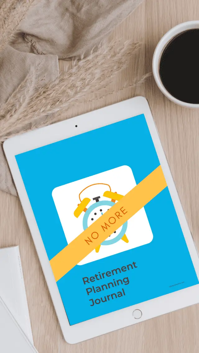 iPad showing Slay the Alarm Clock Retirement Planning Journal with coffee