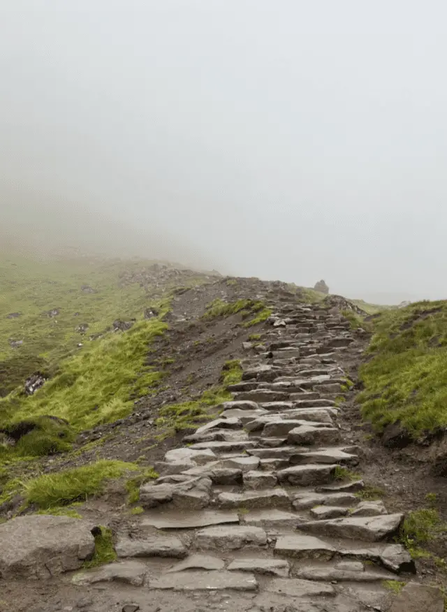 rocky steps in mist on the Storr trail in Skye