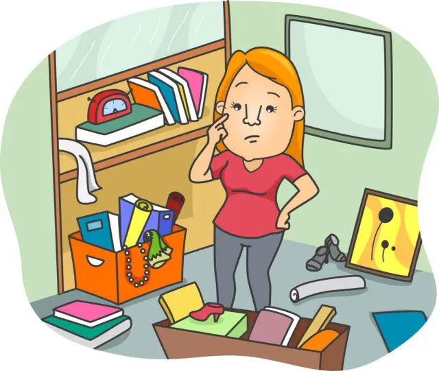 Illustration of a Woman thinking some ways to Declutter an Office Space