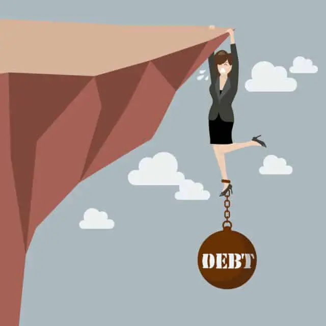 Business woman try hard to hold on the cliff with debt burden. Business concept